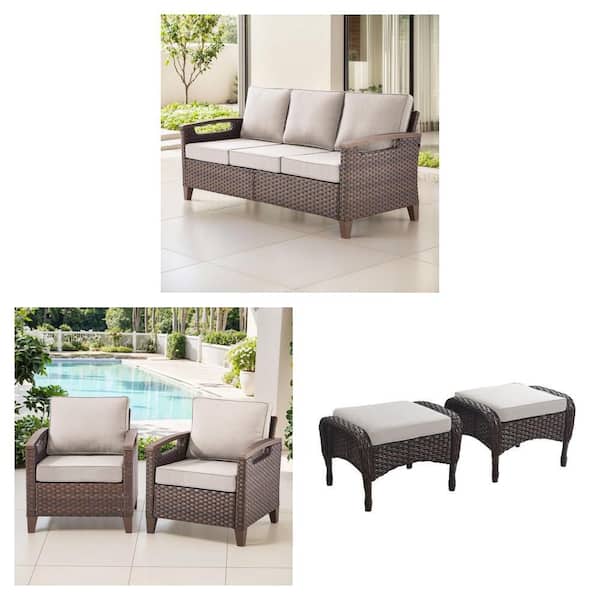 Light Luxury Brown Wicker Outdoor Patio Couch Sofa with Beige Cushion, Lounge Chair (2-Pack) and Ottoman (2-Pack) Combo