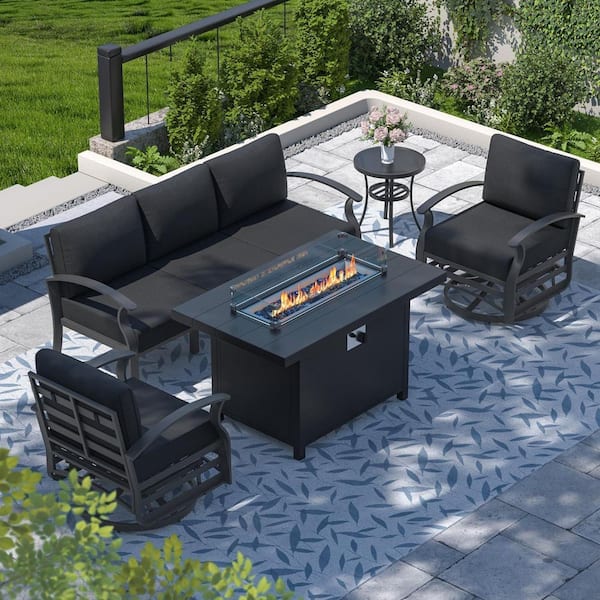 5-Seat Aluminum Patio Conversation Set with armrest, Firepit Table, Swivel Rocking Chairs and Black Cushions