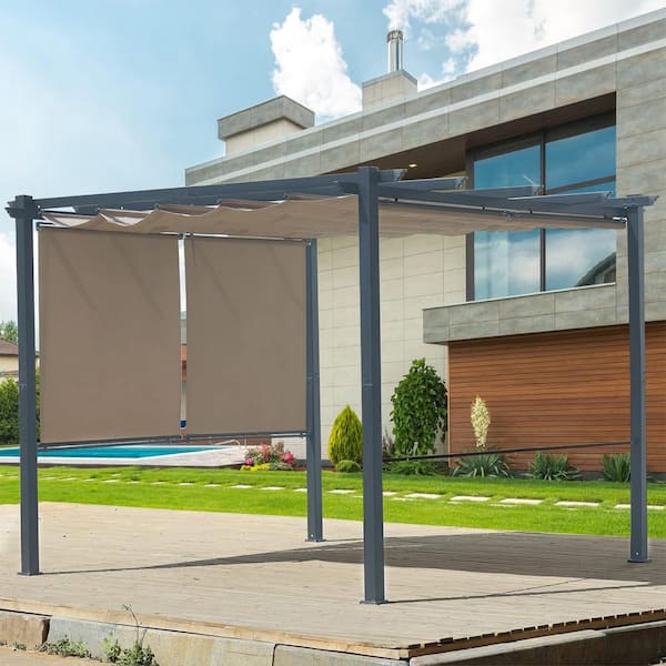 Aoodor 10 ft. x 10 ft. Gray Aluminum Frame Patio Pergola with Khaki Retractable Shade Top Canopy and 4-Pieces Roller Shade