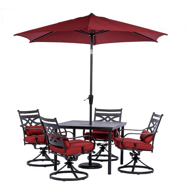 patio set with red umbrella