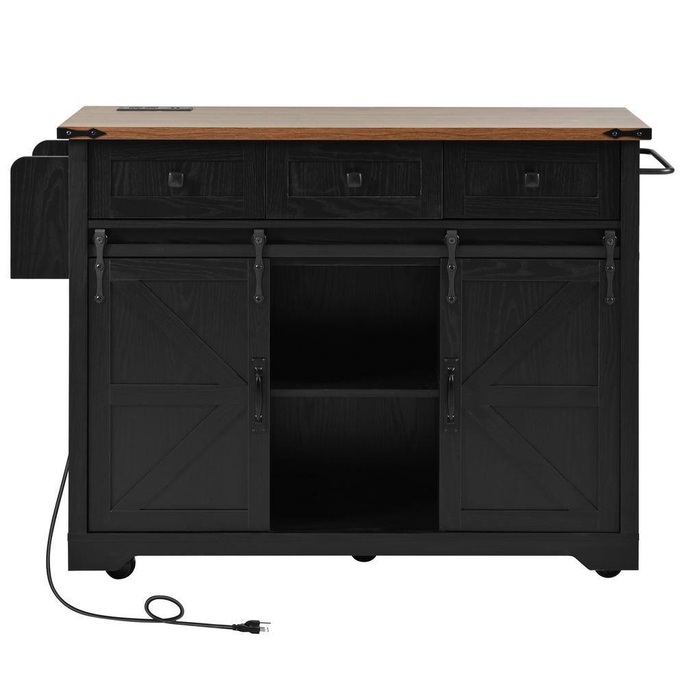 Black Farmhouse Wood 53.75 in. Kitchen Island on 5 Wheels with Drop Leaf, 2