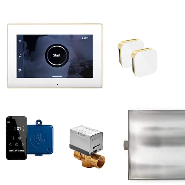 Mr.Steam XButler Max Steam Generator Control Kit with iSteamX Control and Aroma Glass SteamHead in White Satin Brass