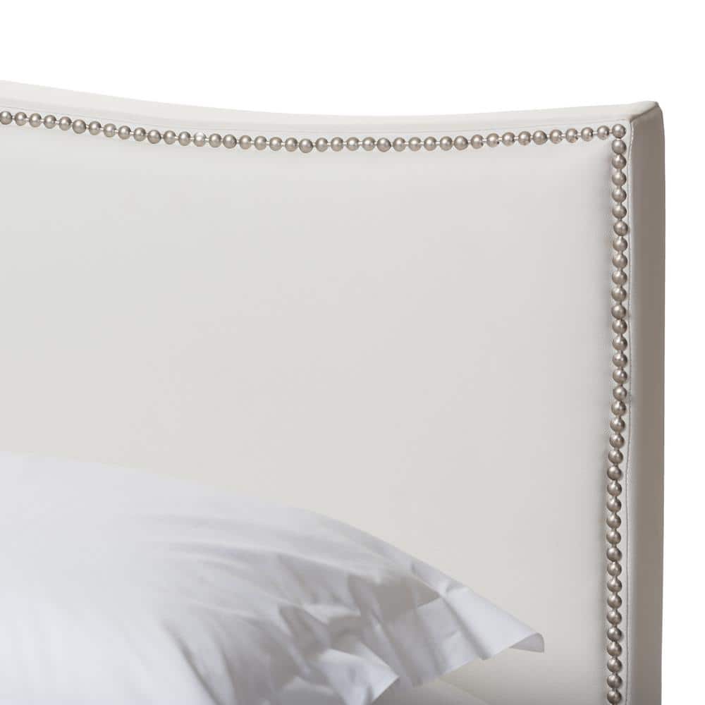 Queen White Faux Leather Upholstered Bed with Nailhead Trim