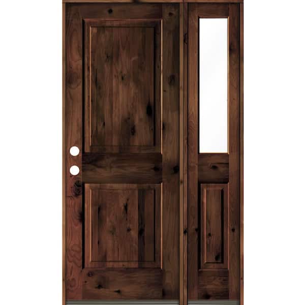 Krosswood Doors 46 in. x 80 in. knotty alder Right-Hand/Inswing Clear Glass Red Mahogany Stain Square Top Wood Prehung Front Door w/RHSL