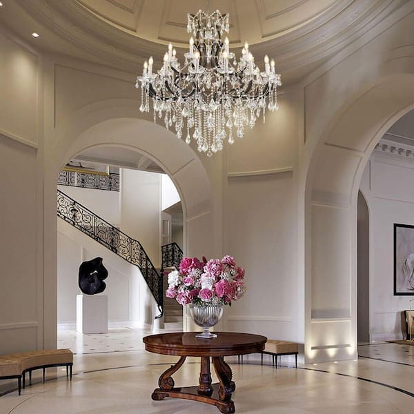 PUYRNF 24-Light 49 in. Crystal Black Chandelier, Large Foyer