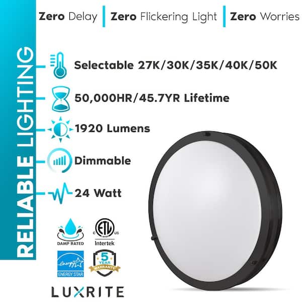 24-Watt 16 in. 1920 Lumens Matte Black 5 Color Selectable LED 2700K-5000K Flush Mount Dimmable Fixture