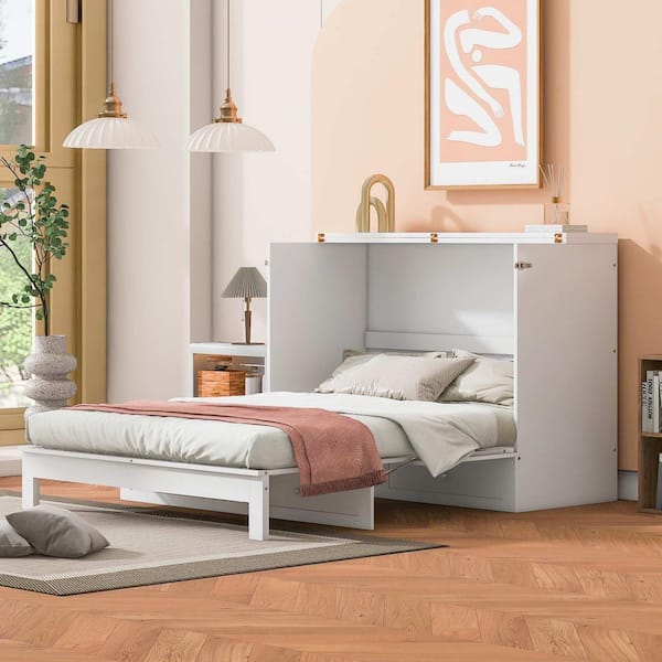 Polibi White Wood Frame Full Murphy Bed with Large Drawers