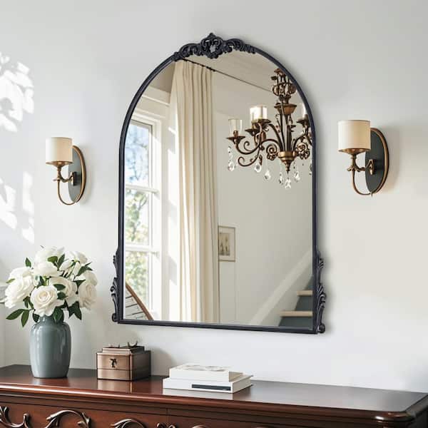 Elevatehome 24 in. W x 32 in. H Antique Black Arched Framed Accent Dresser Mirror Accent Wall Decorative Mirror
