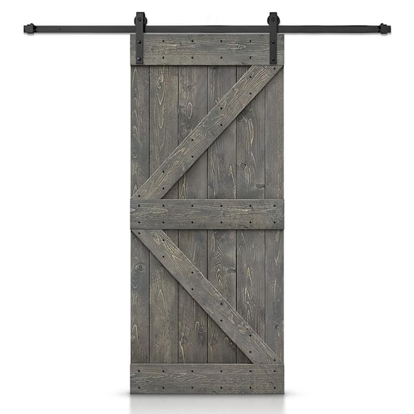 CALHOME Distressed K 36 in. x 84 in. Weather Gray Stained DIY Solid Pine Wood Interior Sliding Barn Door with Hardware Kit
