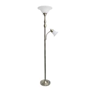 71 in. Antique Brass Torchiere Floor Lamp with 1 Reading Light and White Marble Glass Shades