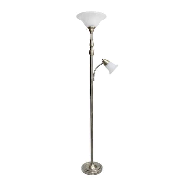 Lalia Home 71 in. Antique Brass Torchiere Floor Lamp with 1 Reading Light and White Marble Glass Shades