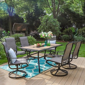 Black 7-Piece Metal Outdoor Patio Dining Set with Geometric Rectangle Table and Padded Textilene Swivel Chairs