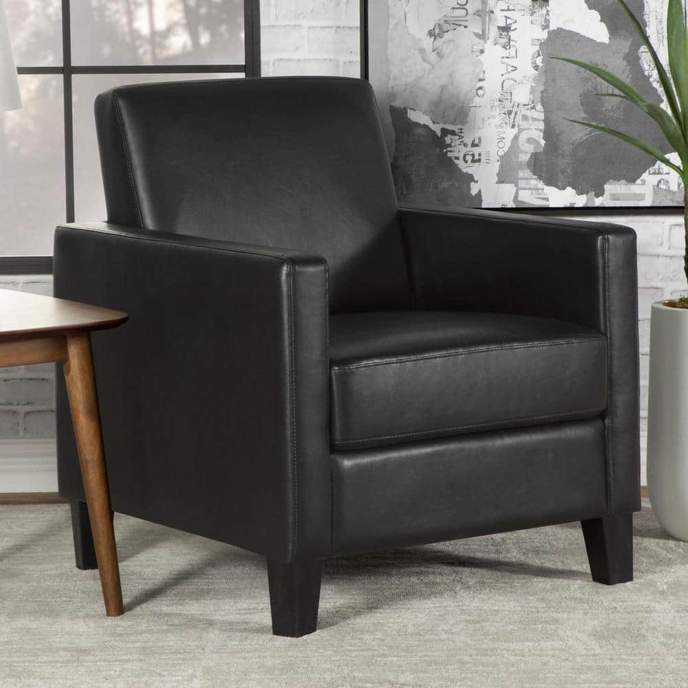 Modern Black Faux Leather Accent Chair with Track Arms