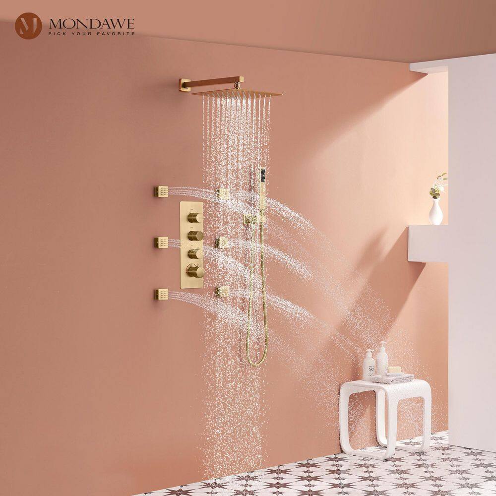Brushed Gold Dual Square Wall Mounted Shower System with Body Jets