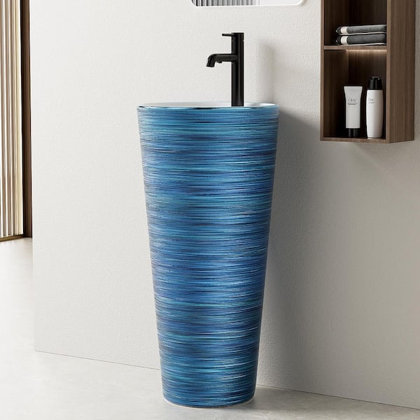 Simple Project 15.75 in. W x 15.75 in. D Circular Basin Pedestal Bathroom Sink in Brushed Blue with Single Faucet Hole and Overflow