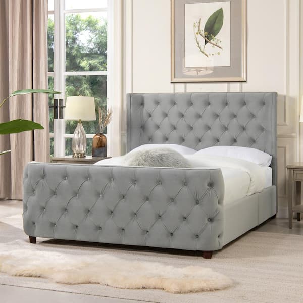 Jennifer Taylor Geneva Gray Velvet Frame Queen Platform Bed with Curved Wing Upholstered