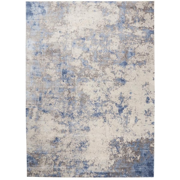 Nourison Silky Textures Blue/Ivory/Grey 9 ft. x 13 ft. Abstract Contemporary Area Rug