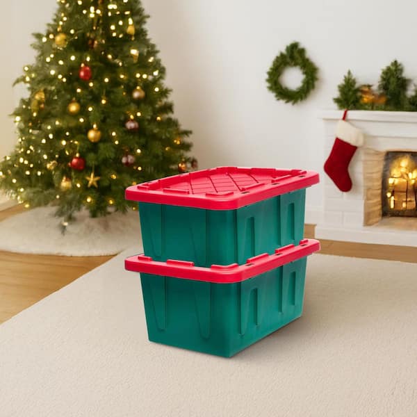 HOMZ Durabilt 15 gal. Heavy Duty Holiday Storage Tote, Green/Red