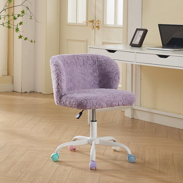 Artificial Rabbit Hair Polyester Swivel, 40° Recline Office Chair in Violet, Mid-Century Desk Chair with Metal Base