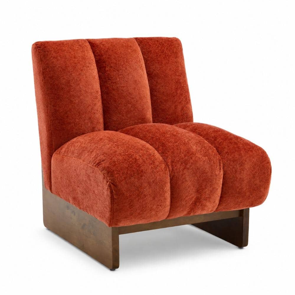 Modern Orange Chenille Channel Tuft Armless Accent Chair with Solid Wood Base