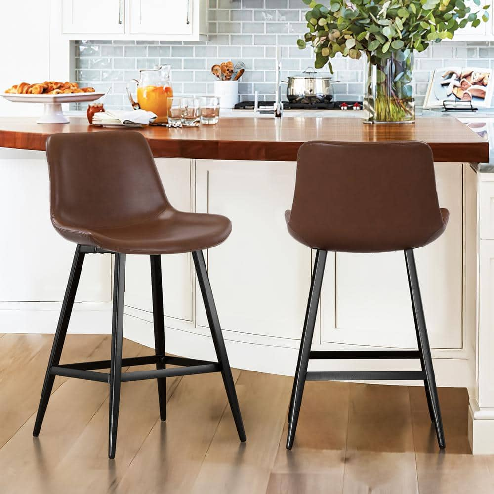 Cozyman 35 In Dark Brown Low Back Metal Frame Counter Height Bar Stool With Faux Leather Seat