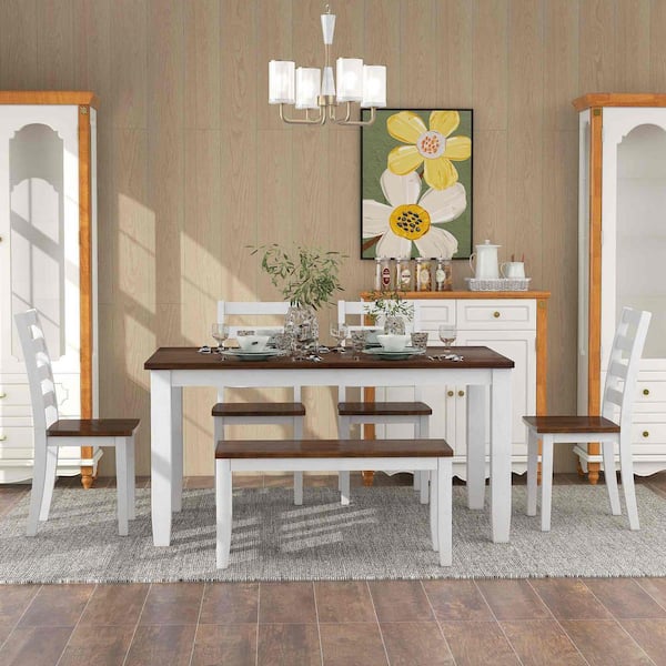 6-Piece Rustic Walnut Wood Top Dining Room Set Seats 5