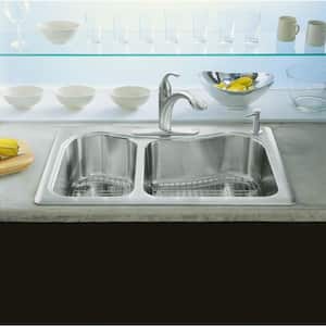 Staccato Drop-In Stainless Steel 33 in. 4-Hole Double Offset Bowl Kitchen Sink with Included Hardwood Cutting Board