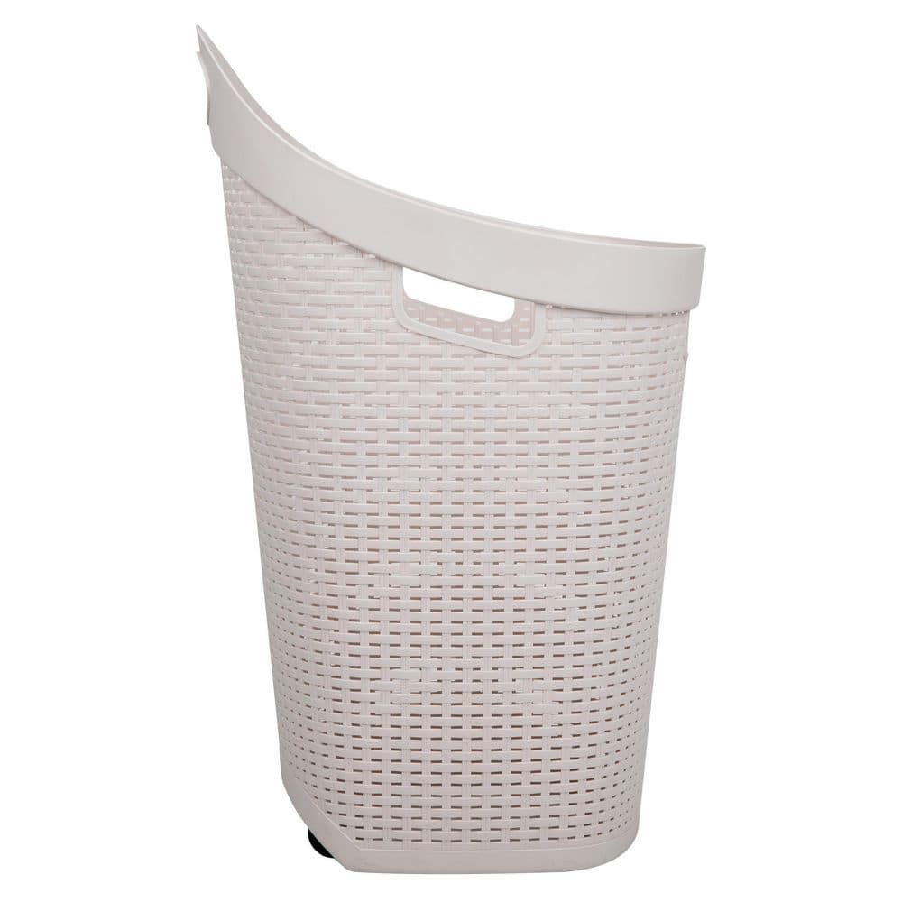 Ivory Wicker-look Plastic Upright Laundry Hamper with Wheels