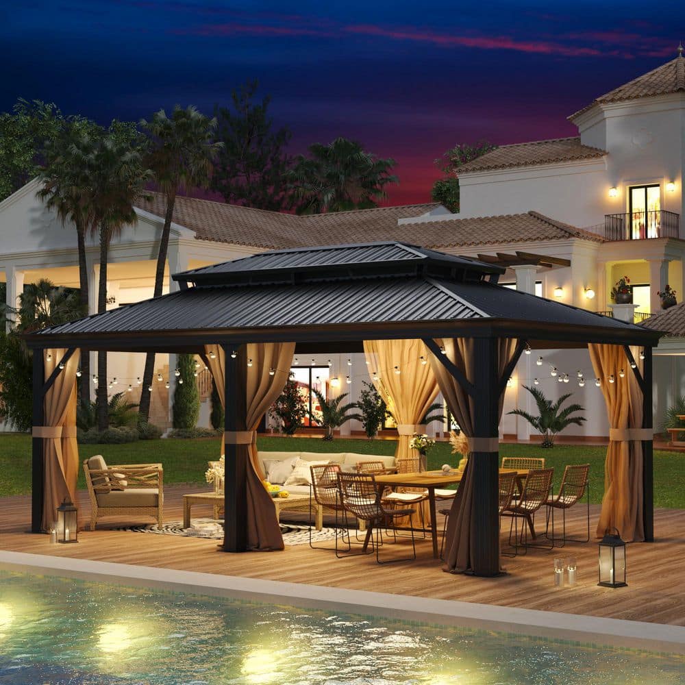 12 ft. x 20 ft. Outdoor Aluminum Frame Hardtop Outdoor Gazebo With Galvanized Steel Double Roof Curtains and Netting price history on PriceWatchPro