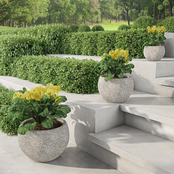Indoor or Outdoor Gray Varying Sized Round Fiber Clay Planters (Set of 3)