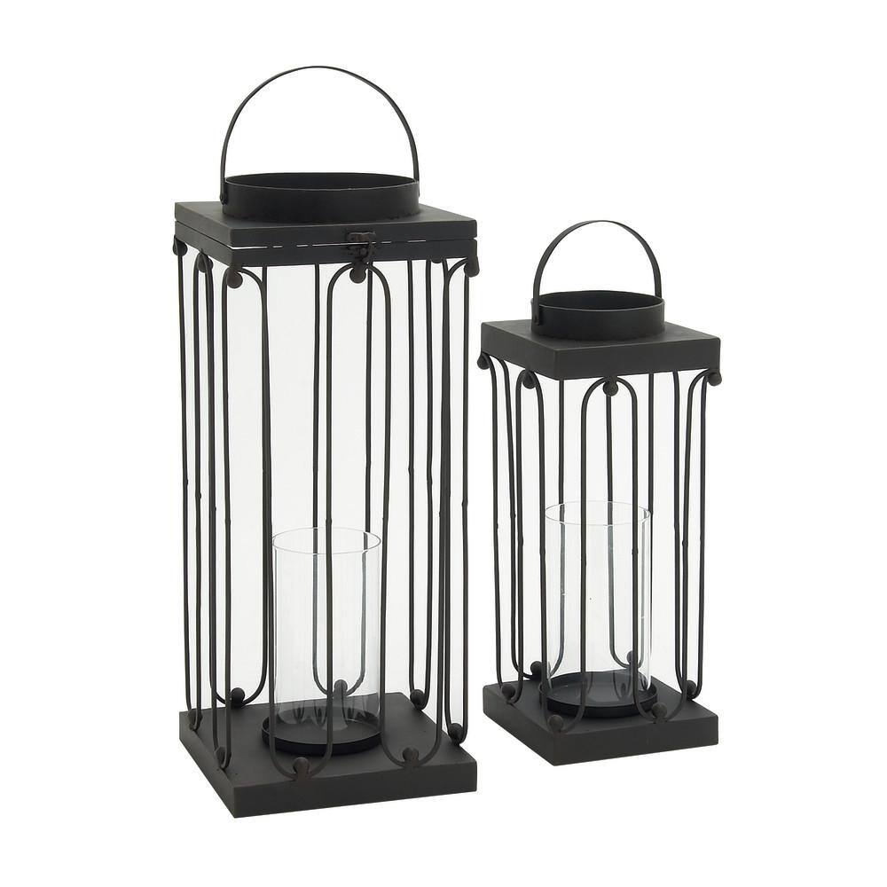 Elegant Matte Black Tin and Glass Hanging Candle Lanterns, Set of 2