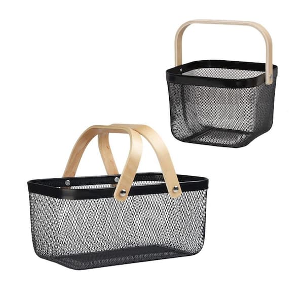 2-Piece Metal Mesh Picnic Baskets with Foldable Wooden Handle, Harvest Basket, Storage Basket Bin for Vegetable Fruit