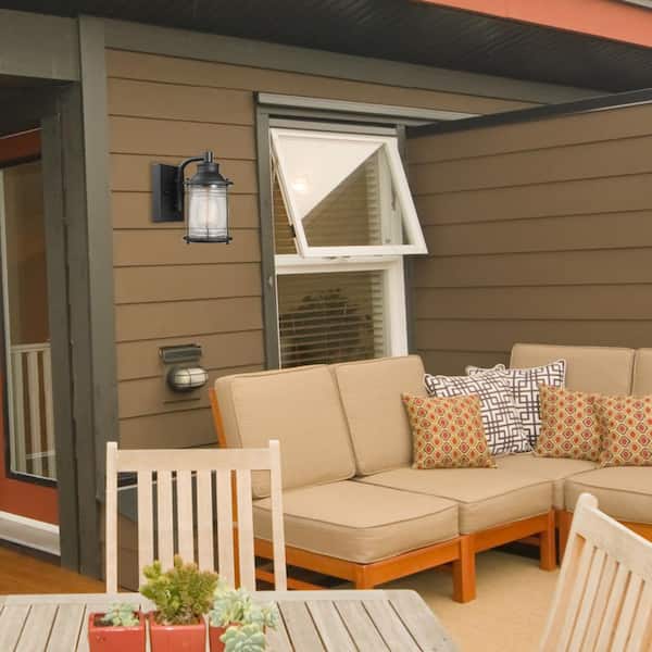 Donovan Dark Bronze Coastal Outdoor 1-Light Wall Sconce with Seeded Glass Shade