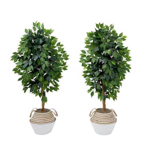54 in. Green Artificial Ficus Tree with Double Trunk in Handmade Cotton and Jute Basket DIY Kit (Set of 2)