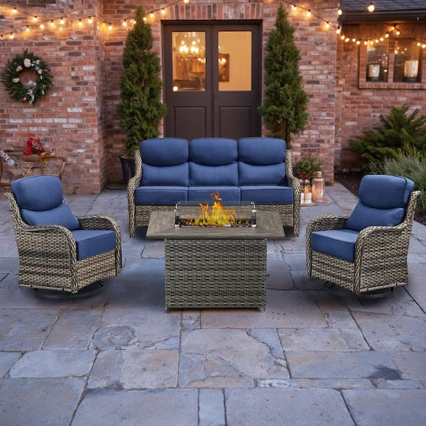 5 Seat 5-Piece Gray Wicker Outdoor Fire Pit Patio Set with Blue Cushions, Swivel Chairs and Fire Pit Table