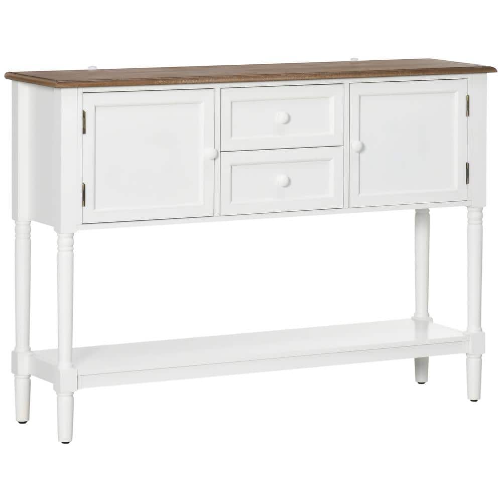 White Wood Console Table with Drawers and Storage Shelf