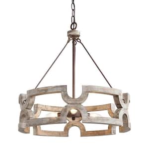 Farmhouse 3-Light Distressed Wood Chandelier Rustic Cage Candle Hight Ceiling Light for Entryway, Foyer