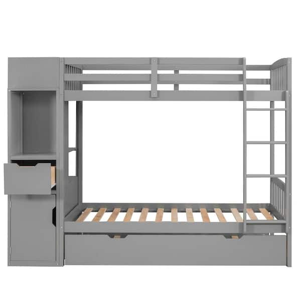 URTR Modern Gray Twin Size Bunk Bed with Trundle and Attached Multifunctional Locker for Kids, No Spring Box Needed