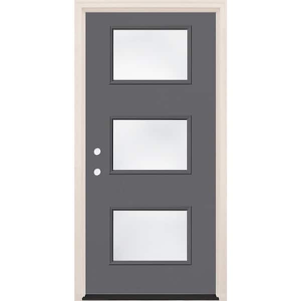 Builders Choice 36 in. x 80 in. Right-Hand/Inswing 3-Lite Clear Glass London Painted Fiberglass Prehung Front Door w/4-9/16 in. Frame