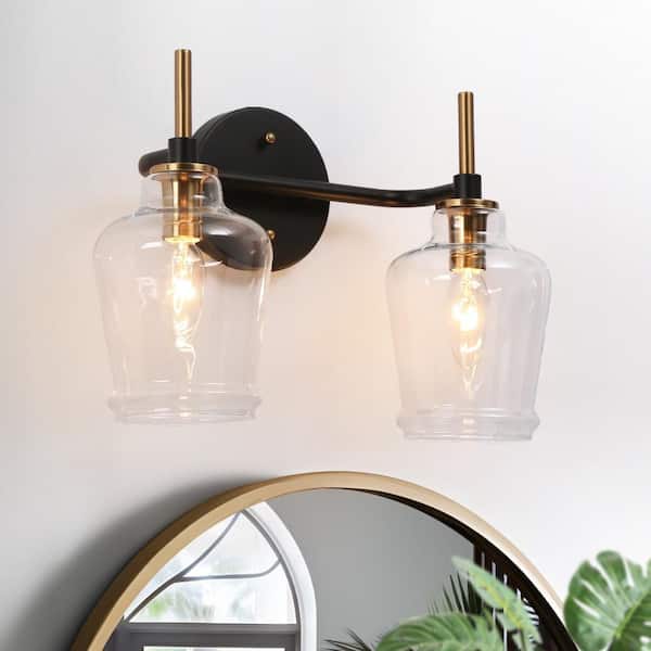 Zevni 12.5 in. 2-Light Black Bathroom Vanity Light, Bell Clear Glass Bath Lighting, Modern Farmhouse Brass Gold Wall Sconce