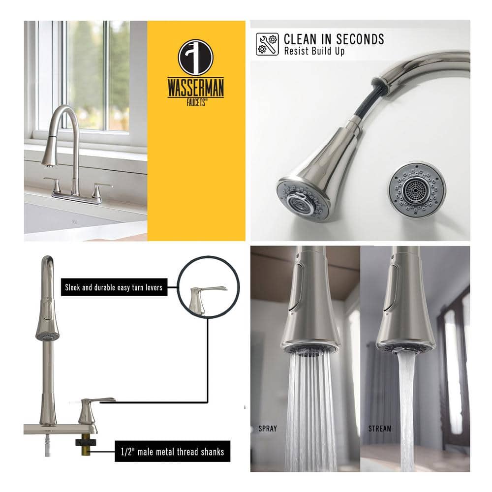Nickel Double Handle Pull Down Kitchen Faucet with Spray