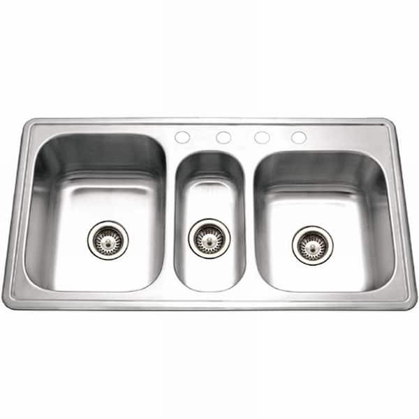 HOUZER Houzer Premier 41 in. Stainless Steel Topmount 4-hole Triple Bowl Kitchen Sink with Strainer - PGT-4322-1