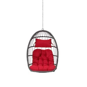 2.4 ft. Rattan Outdoor Egg Swing Chair, Wood Hanging Chair Hammock with Red Cushions