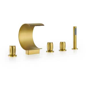 Recea 3-Handle Deck-Mount Roman Tub Faucet with Hand Shower in Brushed Gold