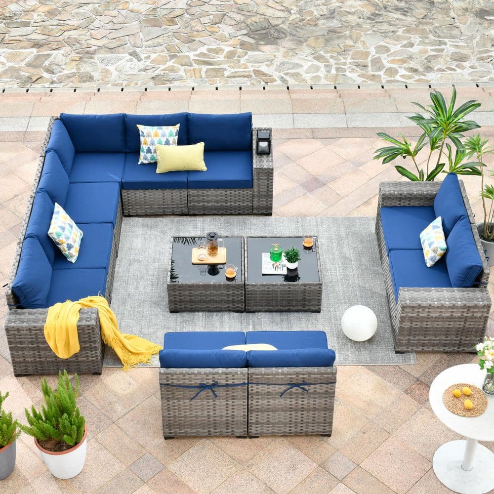 Ruby 12-Piece All-Weather Wicker Outdoor Patio Sectional Furniture Set with Tables and Navy Blue Cushions price history on PriceWatchPro