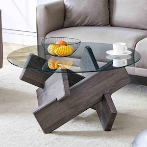 Modern 33.4 in. Gray Round Glass Coffee Table