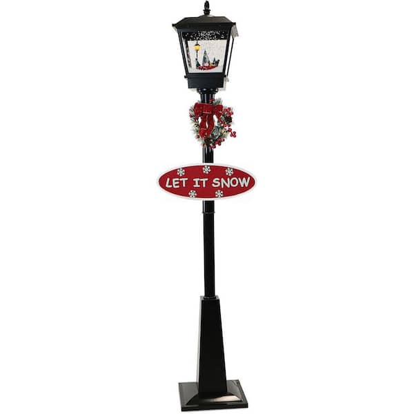 Fraser Hill Farm 71 in. Christmas Musical Street Lamp with Car Scene, 2 Signs, Cascading Snow, and Christmas Carols