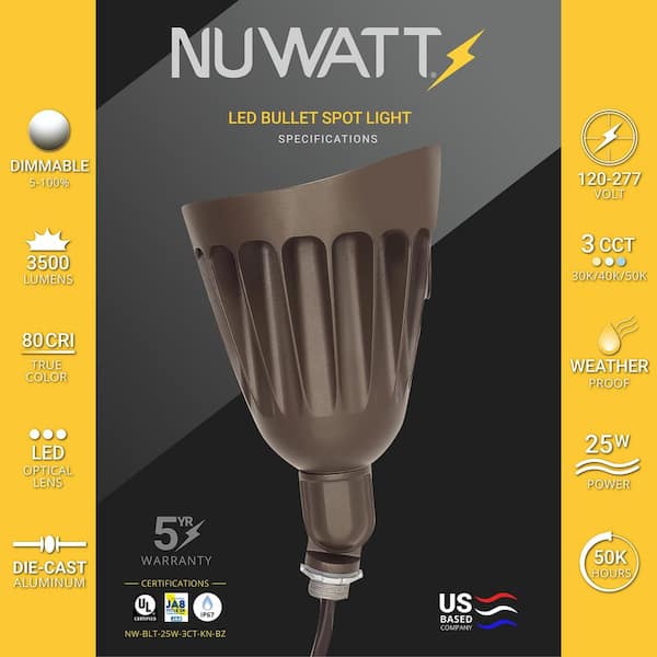 25-Watt Equivalent Integrated LED Bronze Outdoor Bullet Landscape Wall Pack Light, 3CT, 120-277V, 1/2" Knuckle Mount 6P