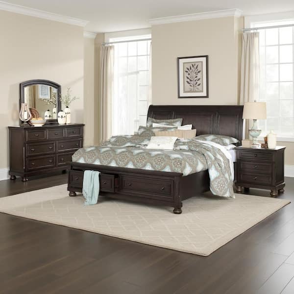 Oria 4-Piece Dark Brown Wood Queen Size Transitional Style Bedroom Set with Round Knobs