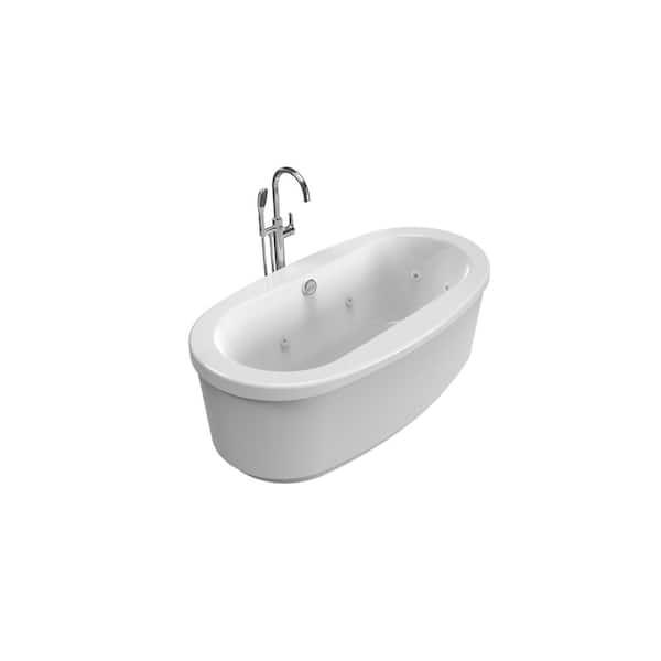 INIZIO 65.5 in. x 35.625 in. Whirlpool Bathtub with Center Drain in White and Chrome Round Tub Filler
